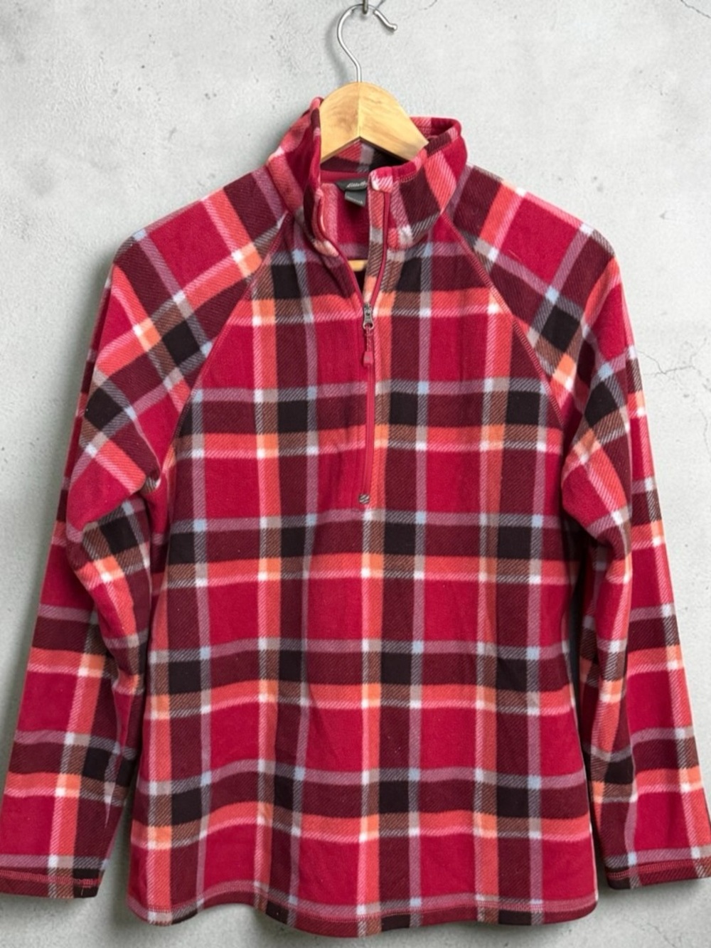 Eddie Bauer Red Plaid Zip-Up Fleece Pullover